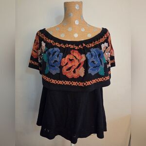 Free People To The Left Off Shoulder Floral Embroidered Top Black Size Medium
